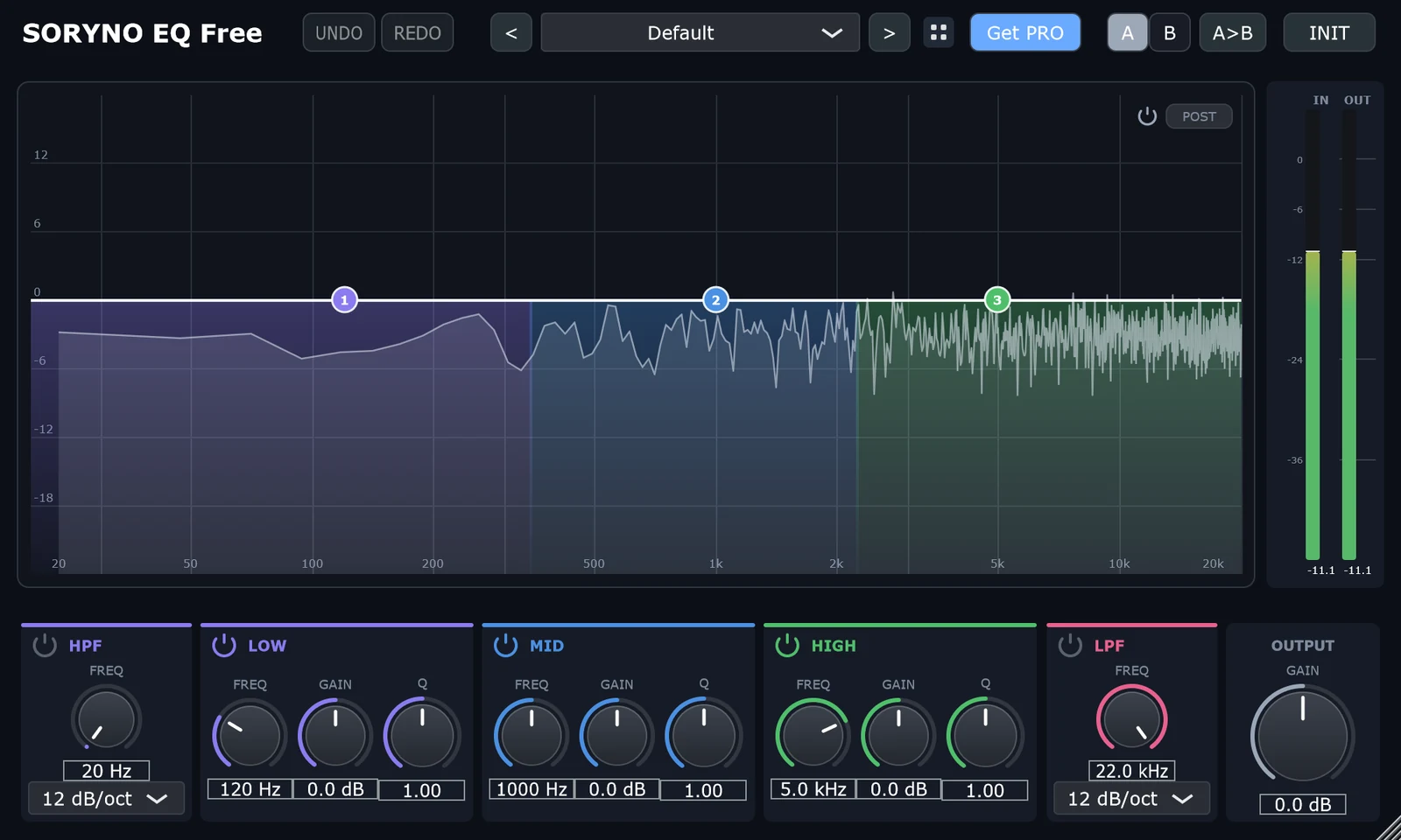 SORYNO EQ Free の画面。LOW=紫・MID=青・HIGH=緑で、グラフの背景も同じ色に塗り分けられている